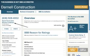BBB website snapshot of darnell construction